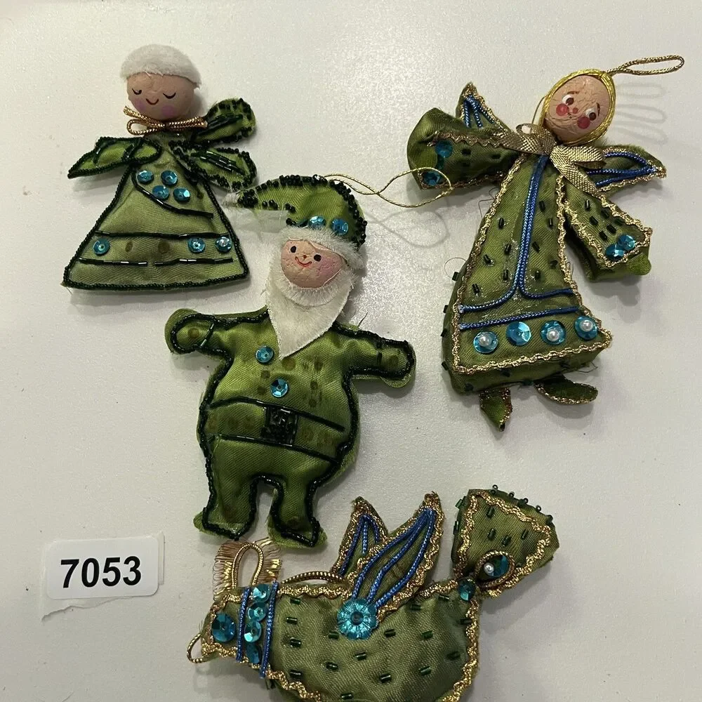4 Christmas Ornament Vintage Japan Cloth Green Satin Sequin hand made old